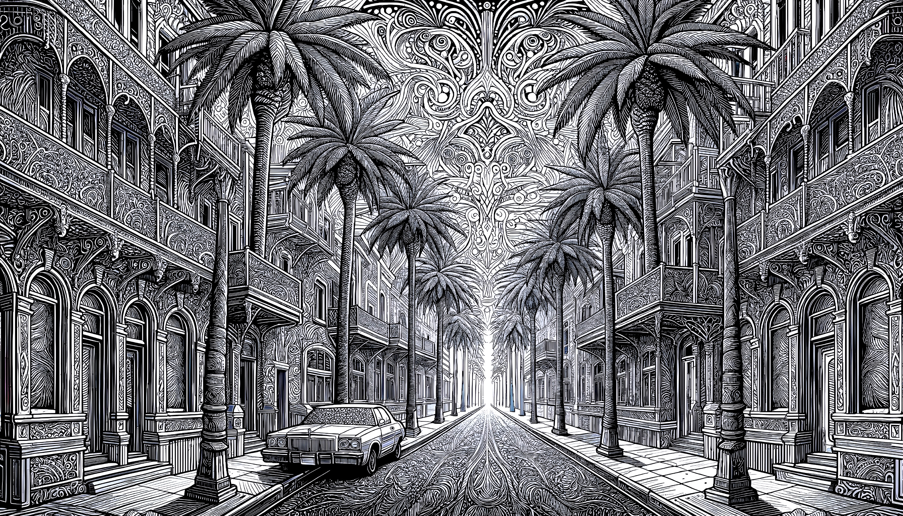 Monochrome Drawing of Ornate Street with Vintage Car