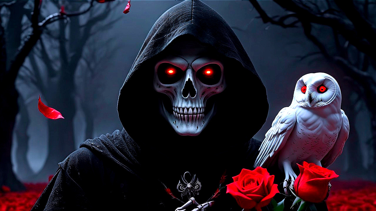 Cloaked Figure with Skull Mask in Enchanted Forest
