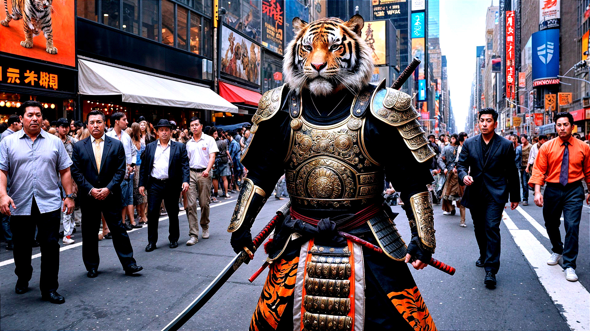 Samurai Warrior in Ornate Armor Amid Urban Crowd