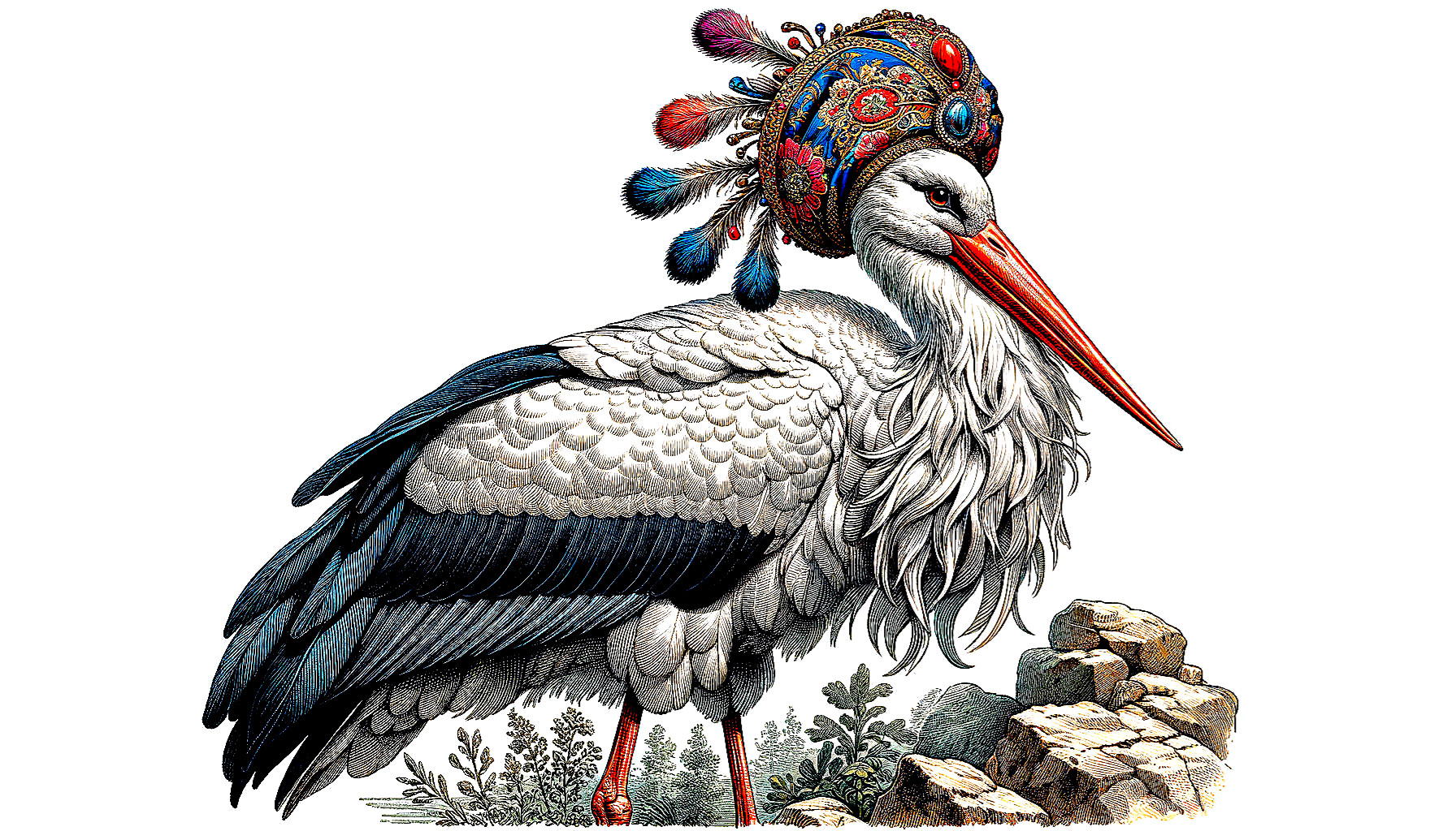 Colorful Crowned Stork Illustration on Rock Formation