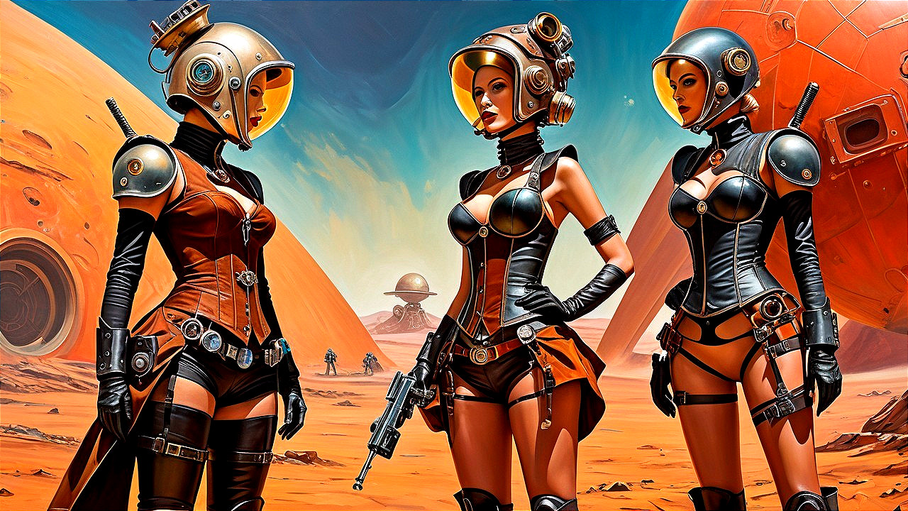 Futuristic Martian Landscape with Women in Space Suits
