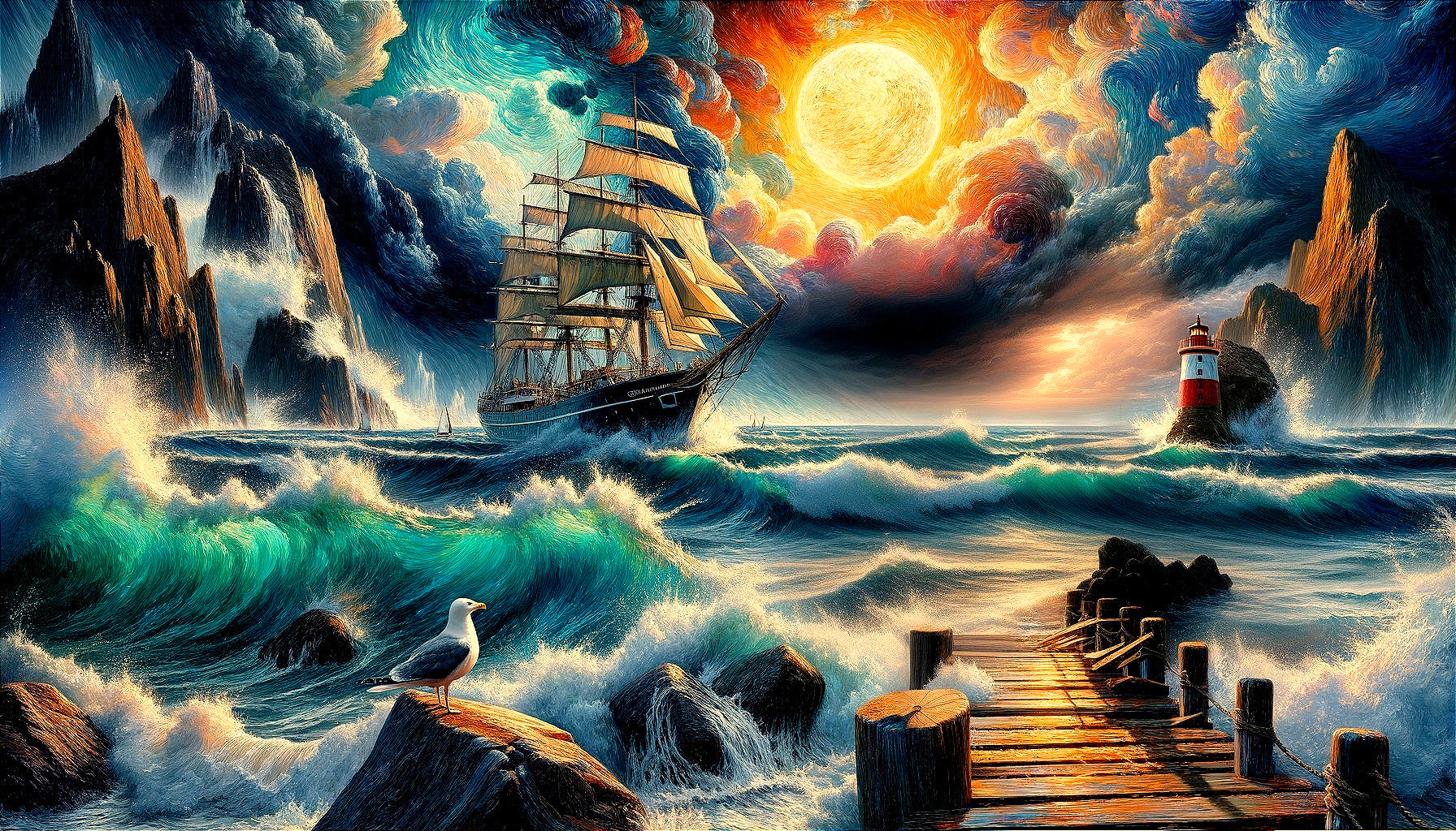 Dramatic Seascape with Sailing Ship and Lighthouse