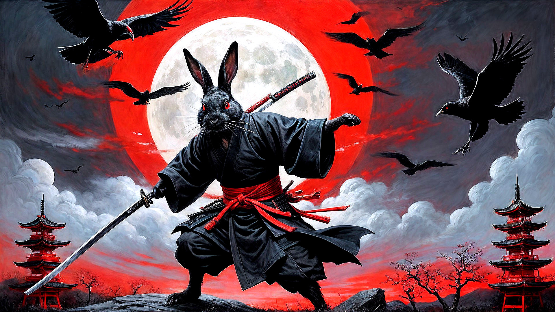 Fierce Bunny in Samurai Outfit Under Red Moon