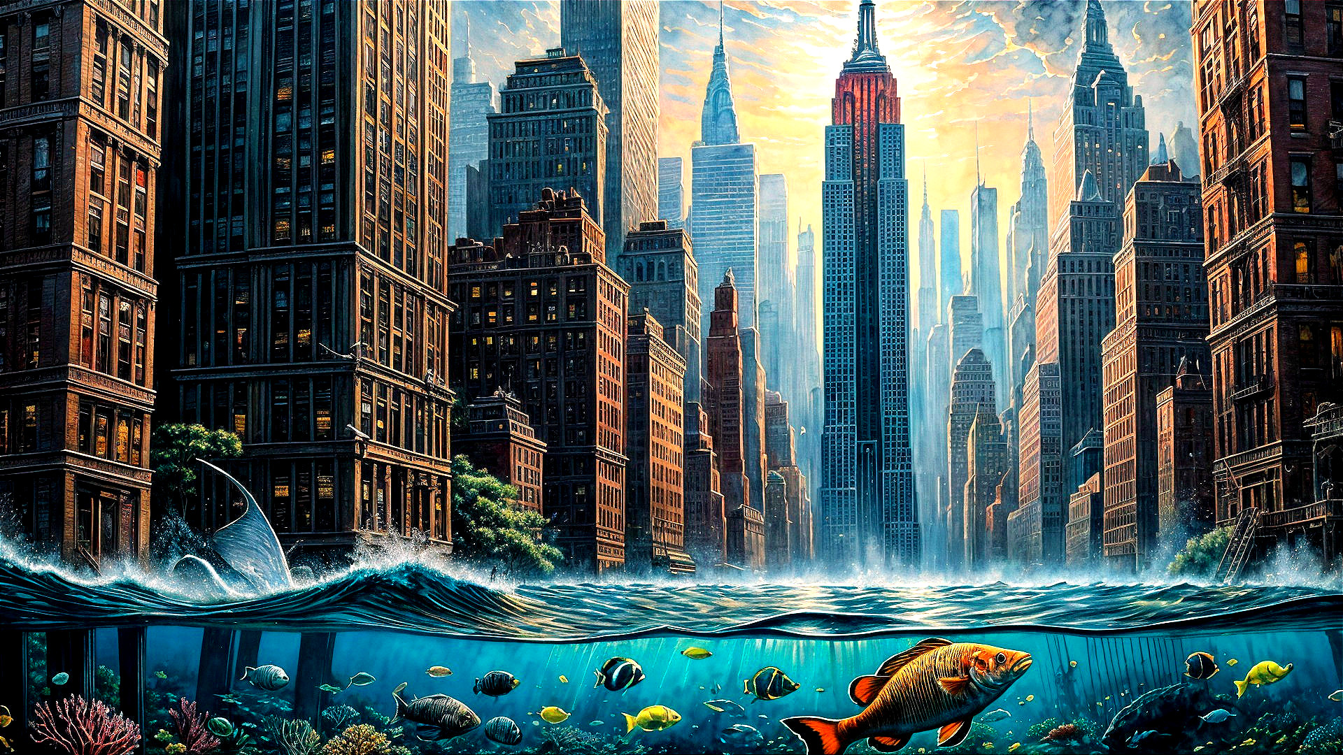 Surreal Underwater Cityscape with Skyscrapers and Sea Life