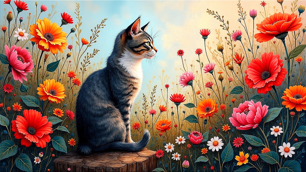 Tabby Cat on Stump Surrounded by Vibrant Wildflowers