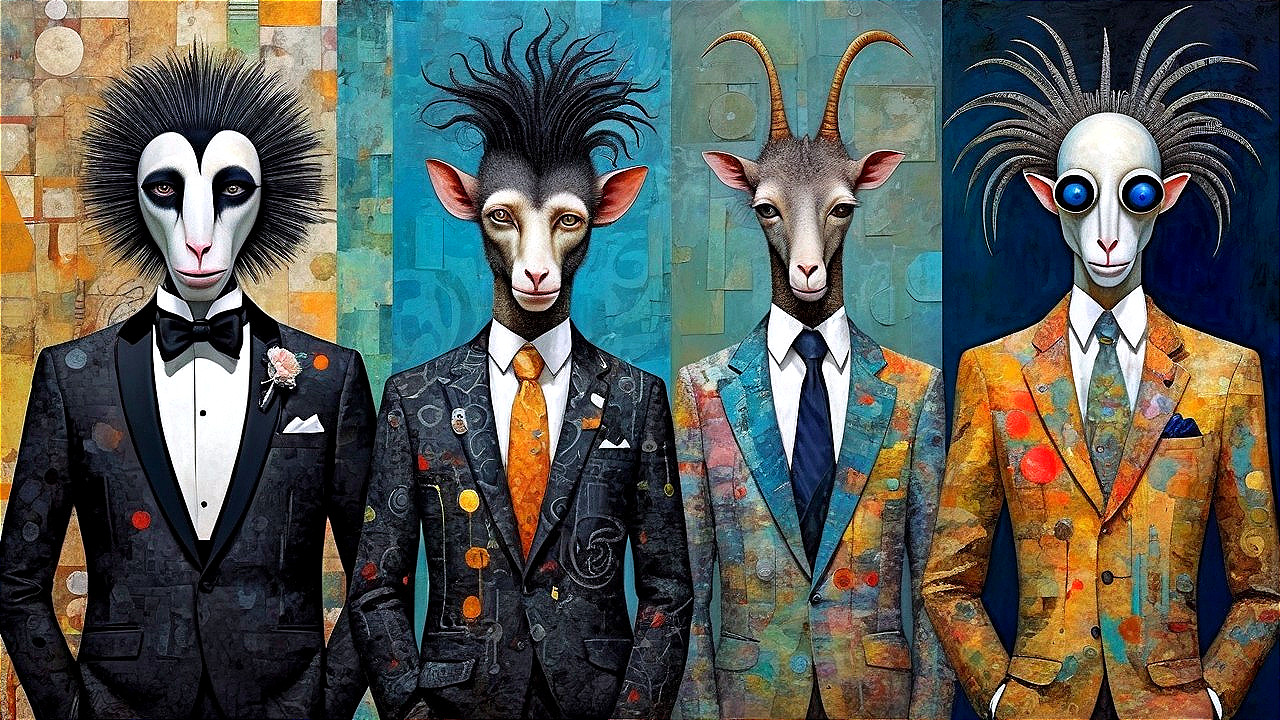 Four Humanoid Goats in Suits Against Abstract Art