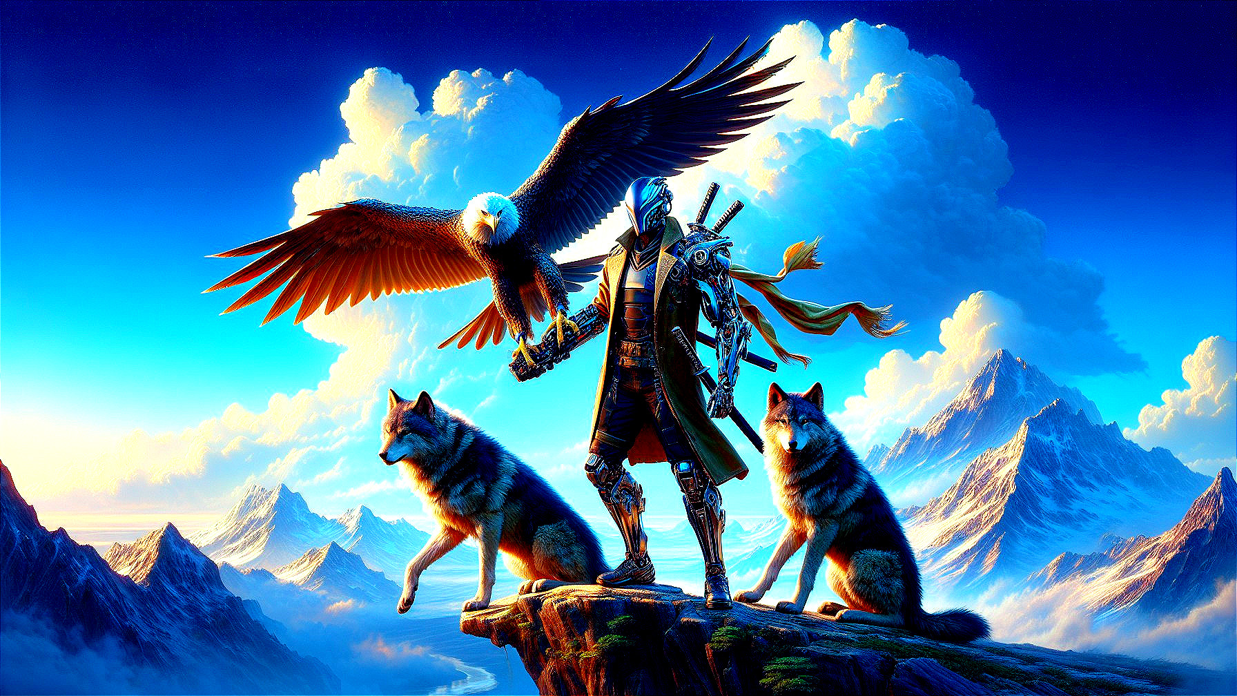 Warrior with Wolves and Eagle on Rocky Outcrop