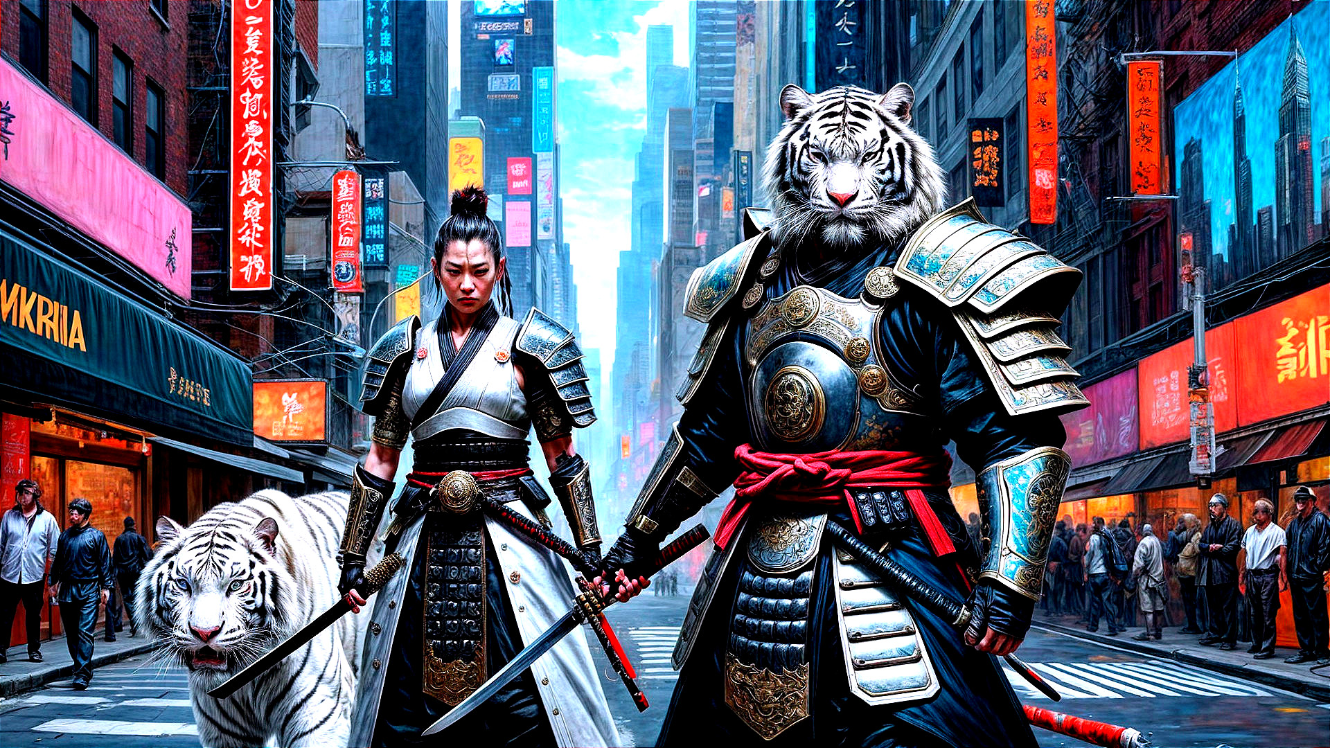 Warrior and Tiger in Neon Cityscape Battle Scene