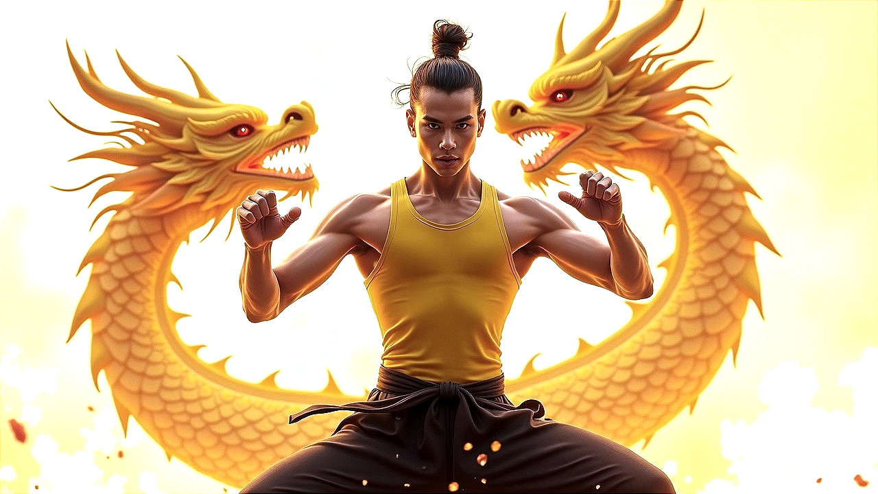 Muscular Martial Artist with Golden Dragons in Background