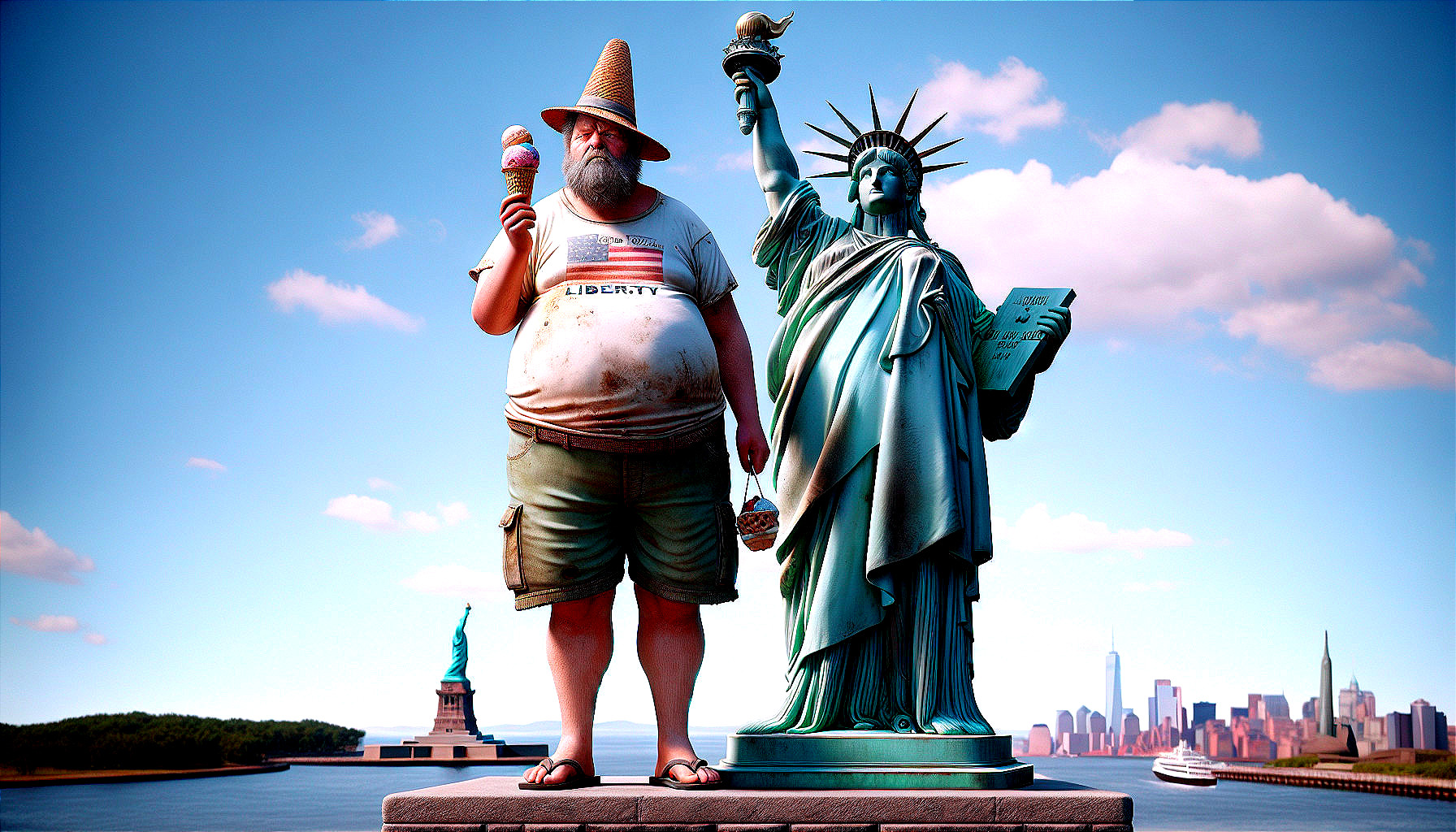 Jovial Man with Ice Cream by Statue of Liberty