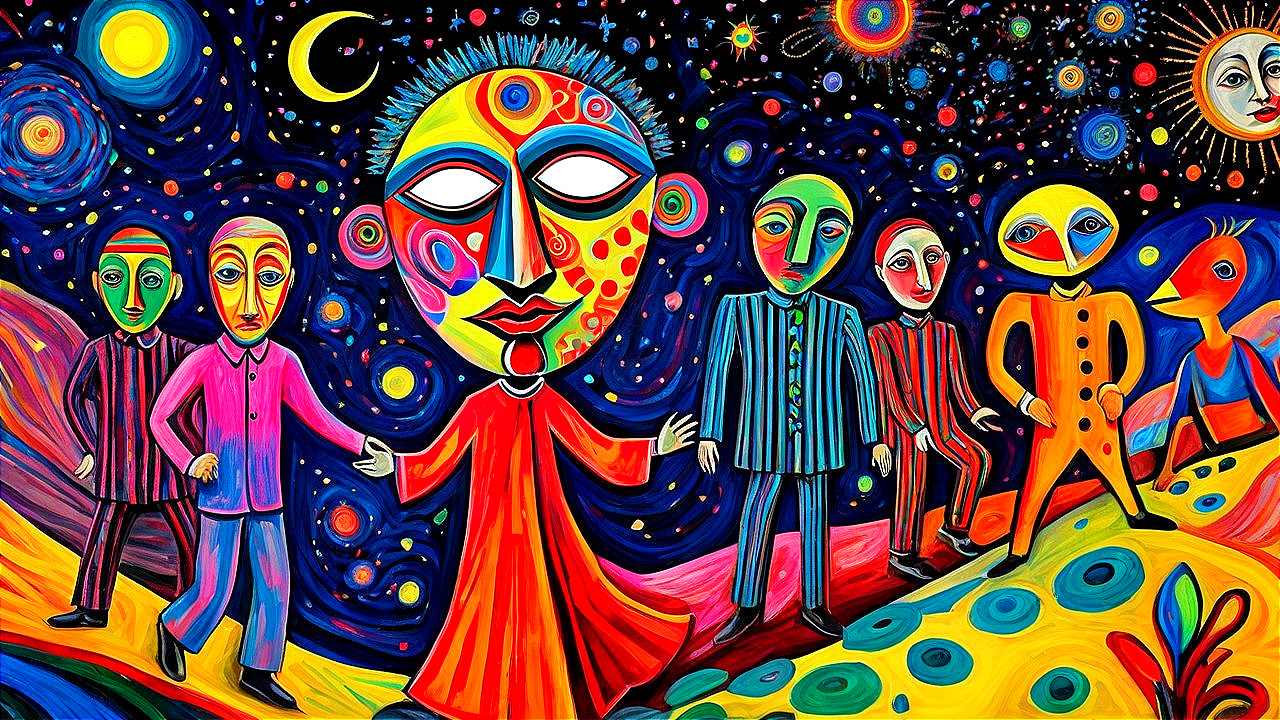 Colorful Abstract Scene with Stylized Figures and Stars