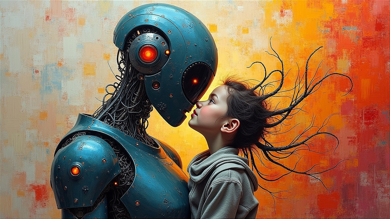 Futuristic Scene of Robot and Girl in Intimate Moment