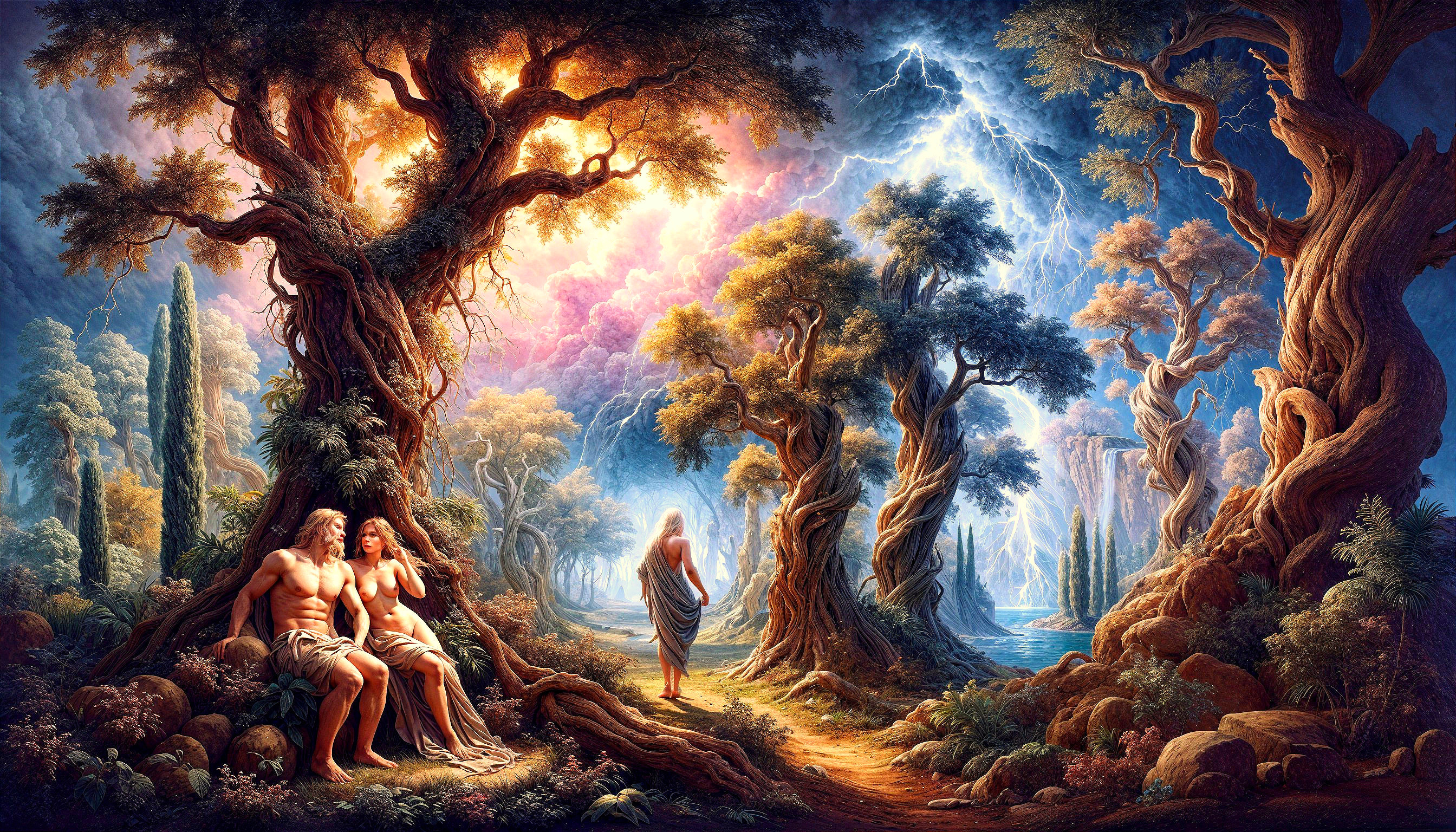 Mystical Forest Scene with Dramatic Lighting and Figures