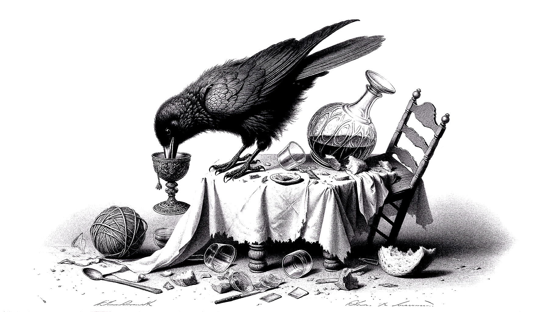 Raven Observing Chalice Amidst Chaotic Surroundings