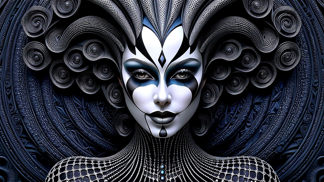 Stylized Figure with Intricate Black and White Patterns