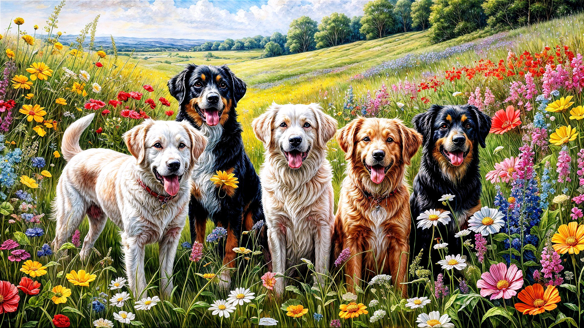 Vibrant Landscape with Five Cheerful Dogs and Flowers