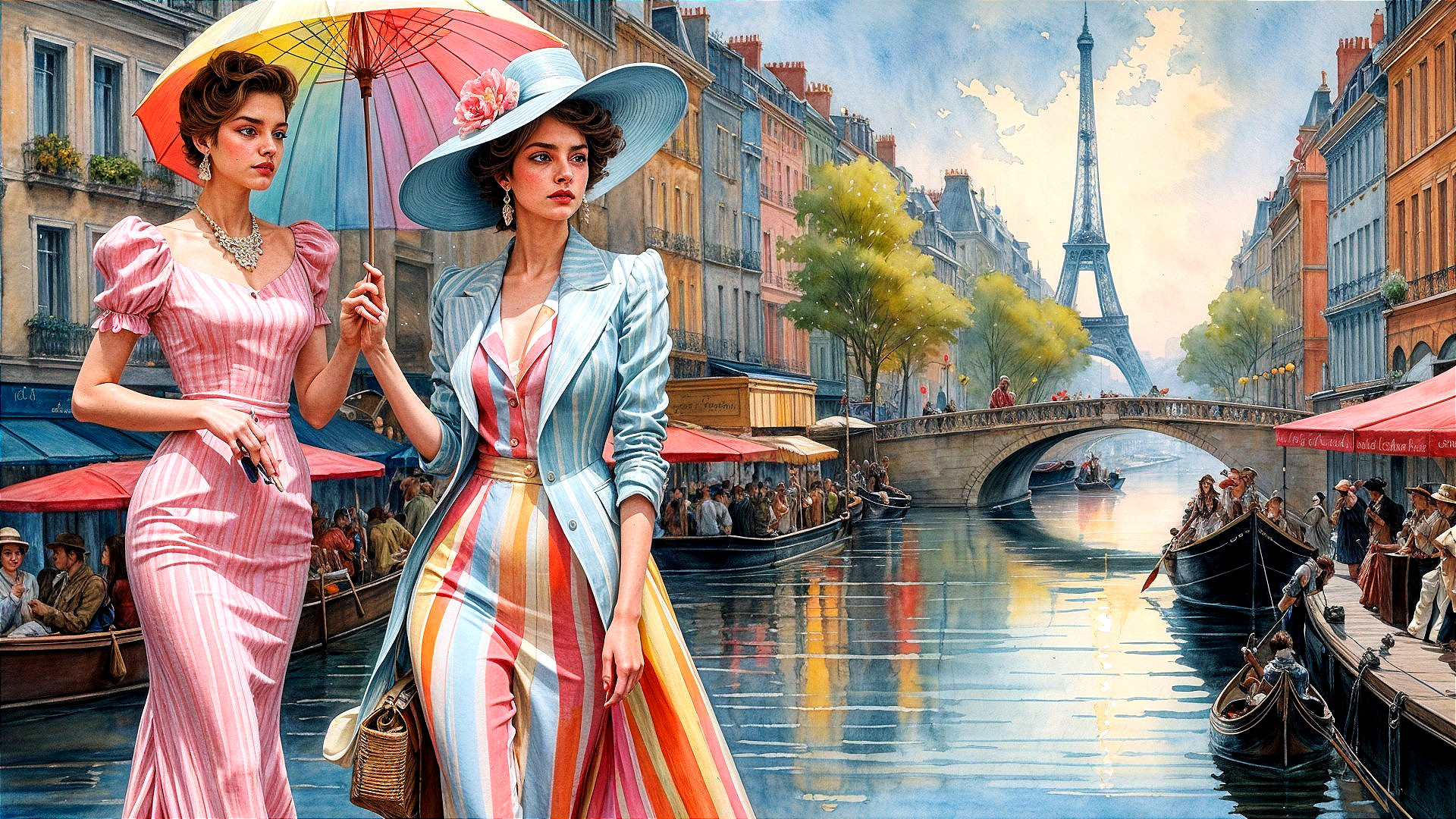 Elegant Women Strolling by Paris Canal with Eiffel Tower