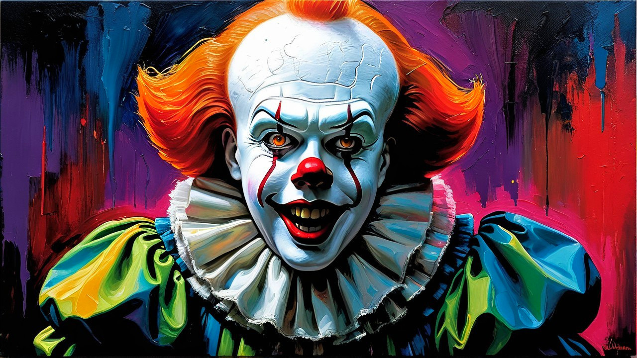 Menacing Clown with Bright Features and Dark Background