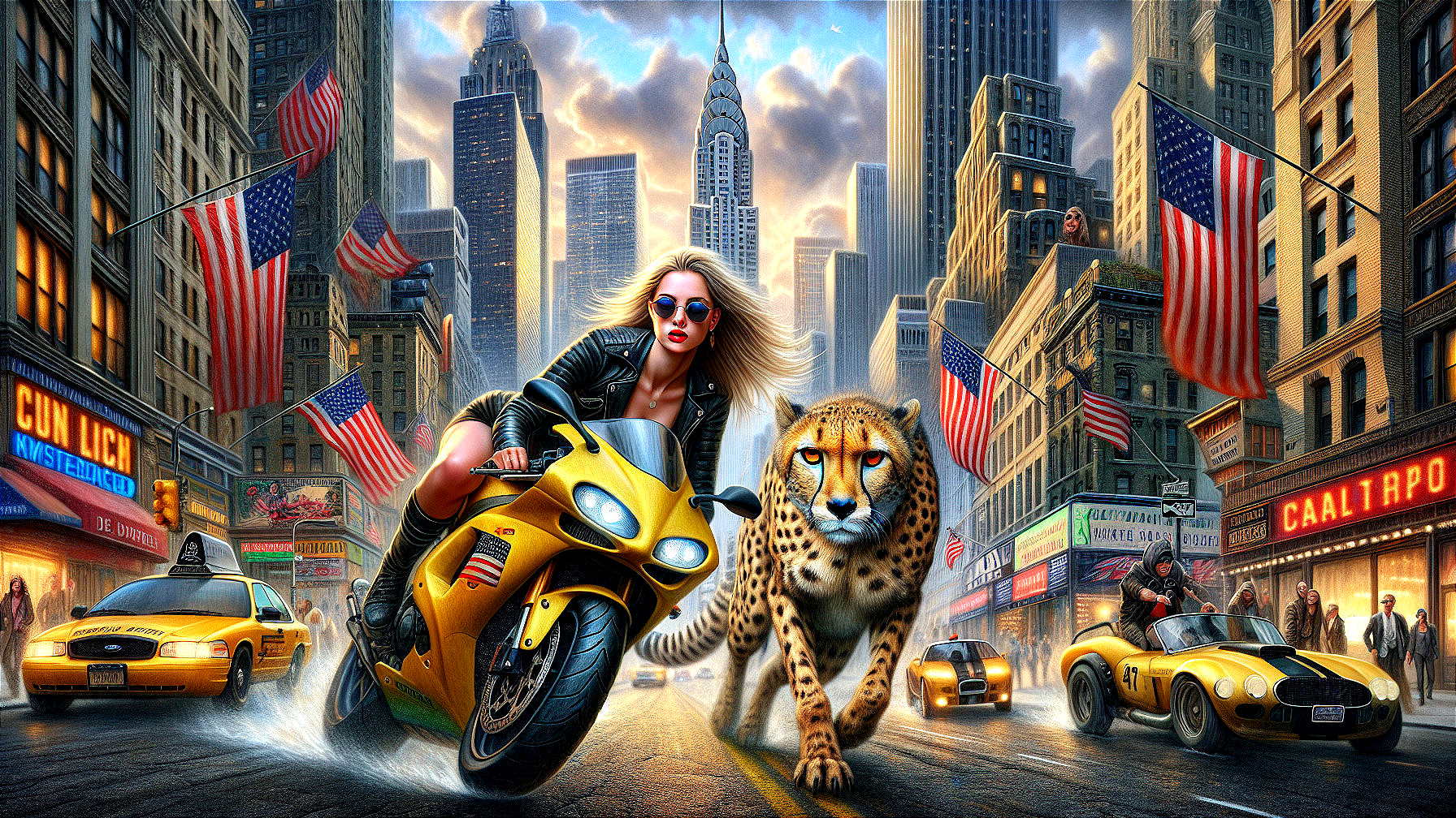 Urban Scene with Woman on Motorcycle and Cheetah