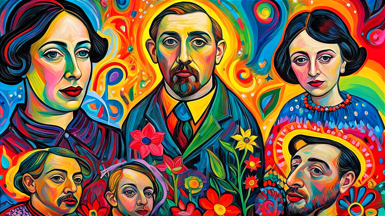 Vibrant Painting of Six Figures with Colorful Background