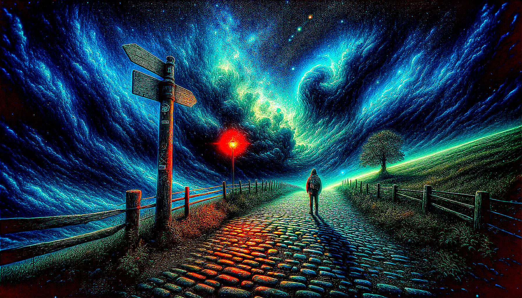 Lone Figure on Cobblestone Path Under Cosmic Sky