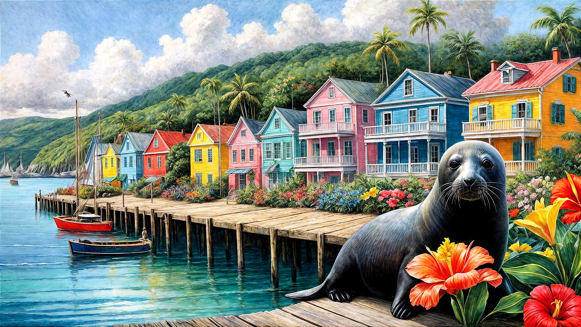 Coastal Scene with Seal and Colorful Dock Houses