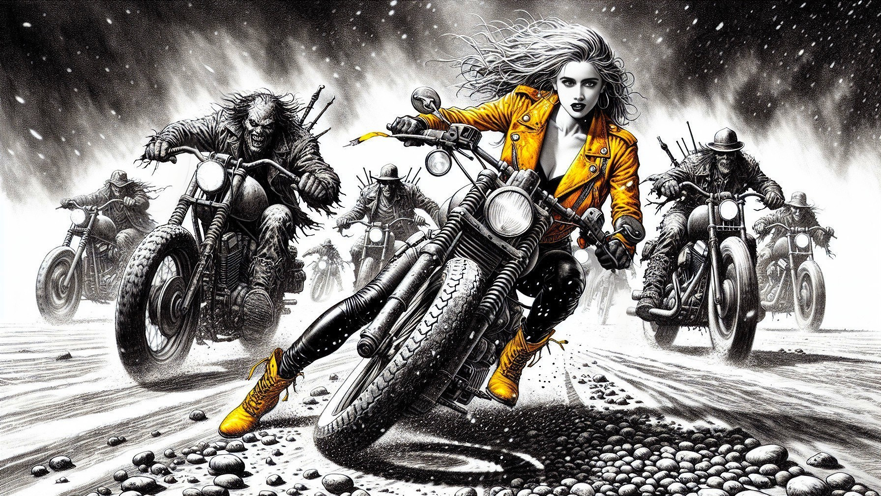 Fierce Woman on Motorcycle Leading Rugged Bikers