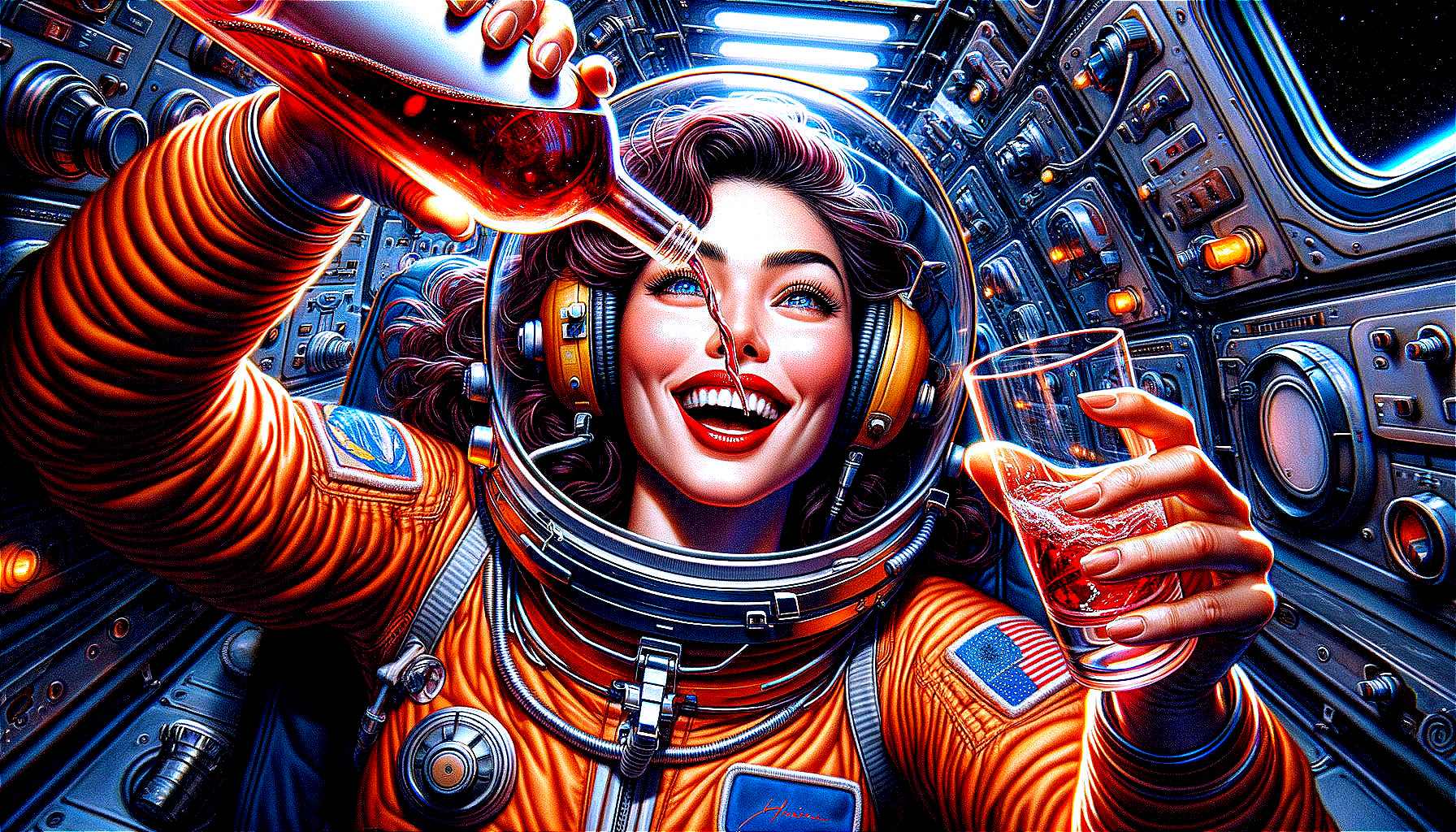 Cheerful astronaut in orange suit pours drink in spacecraft