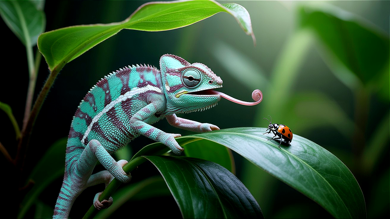 Chameleon and Ladybug in a Lush Jungle Scene