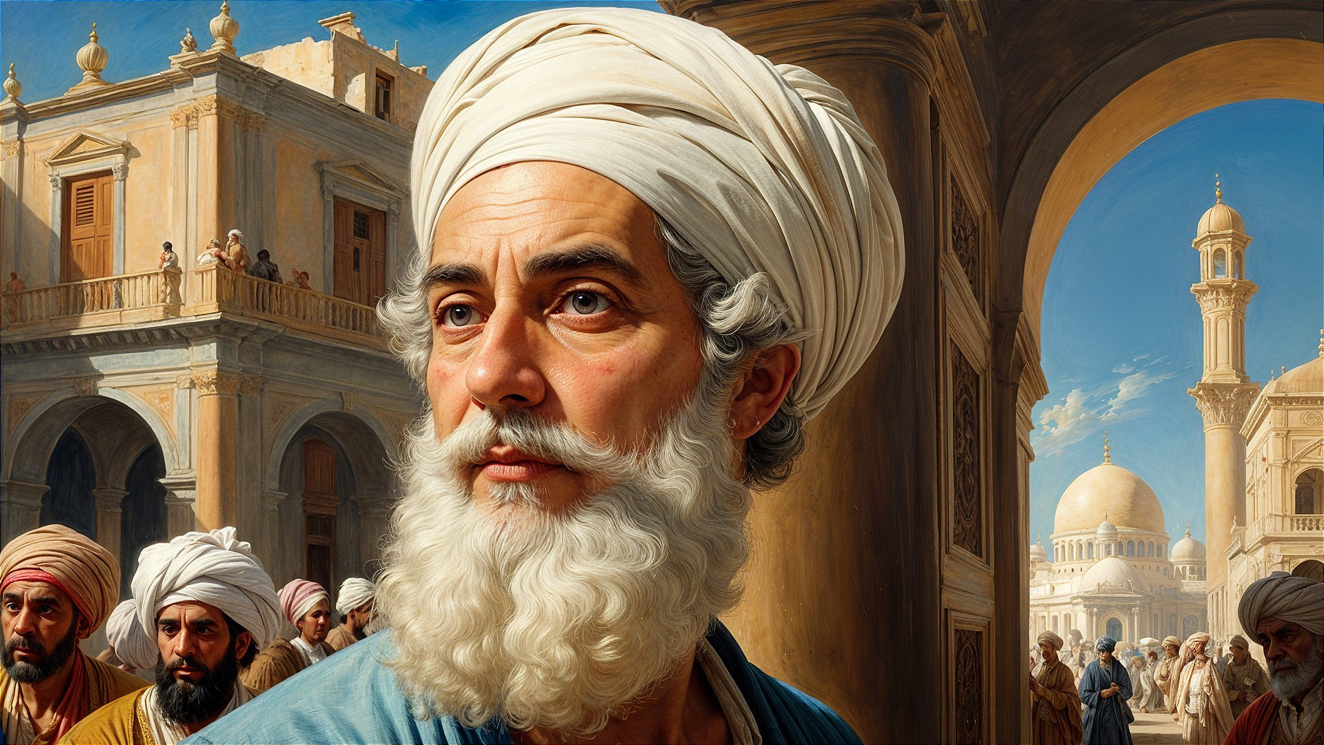 Older man in turban amidst historic marketplace scene