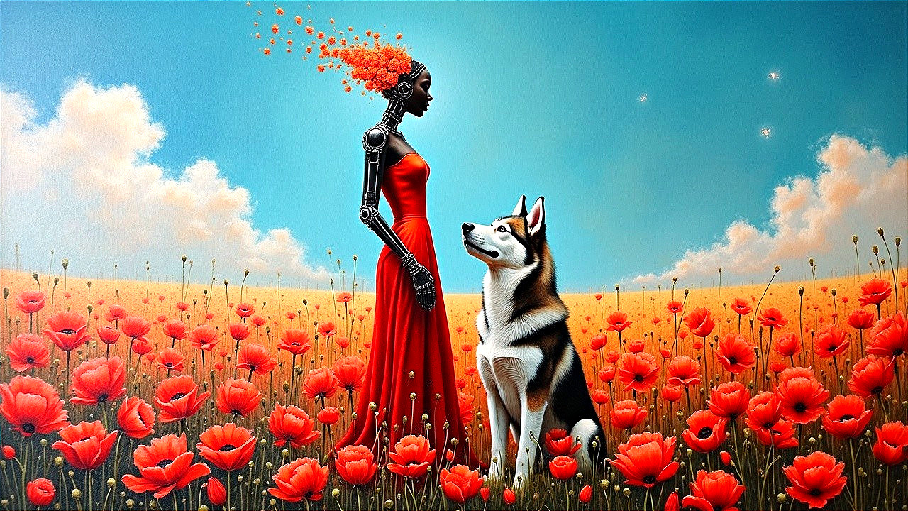 Humanoid Figure in Red Dress Surrounded by Nature
