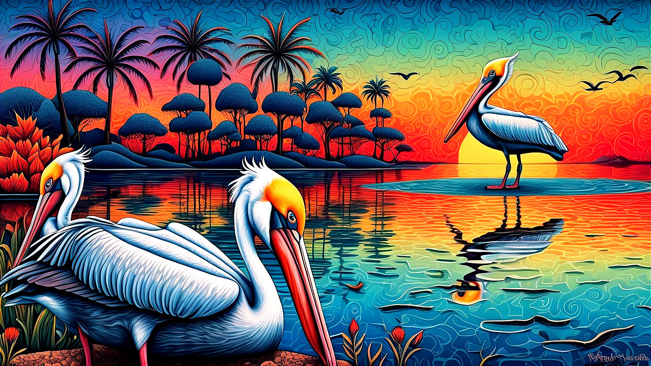 Sunset Over Palm Trees and Pelicans by a Lake