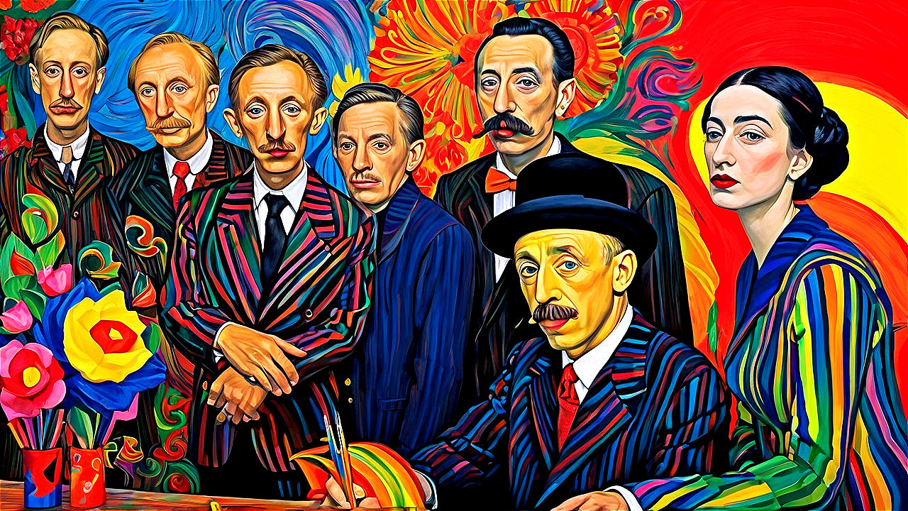 Vibrant Painting of Seven Figures in Striped Suits