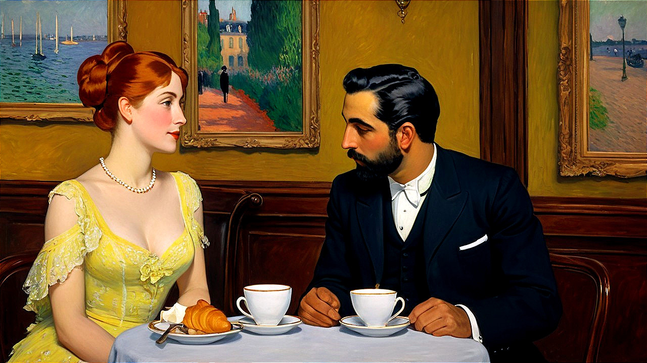 Elegant Café Scene with Vintage Décor and Conversation