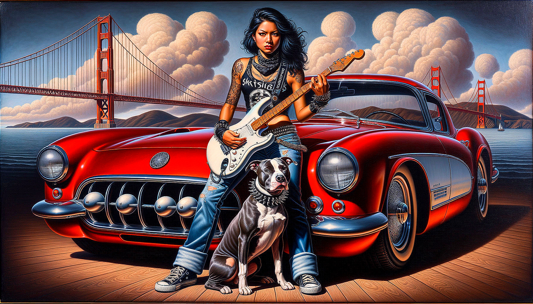 Confident Woman with Guitar by Classic Corvette and Bridge