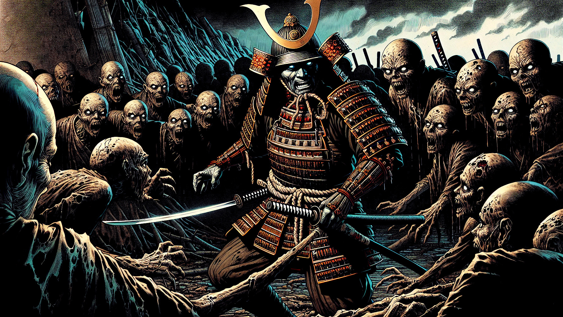 Samurai in Armor Surrounded by Ghostly Figures on Battlefield