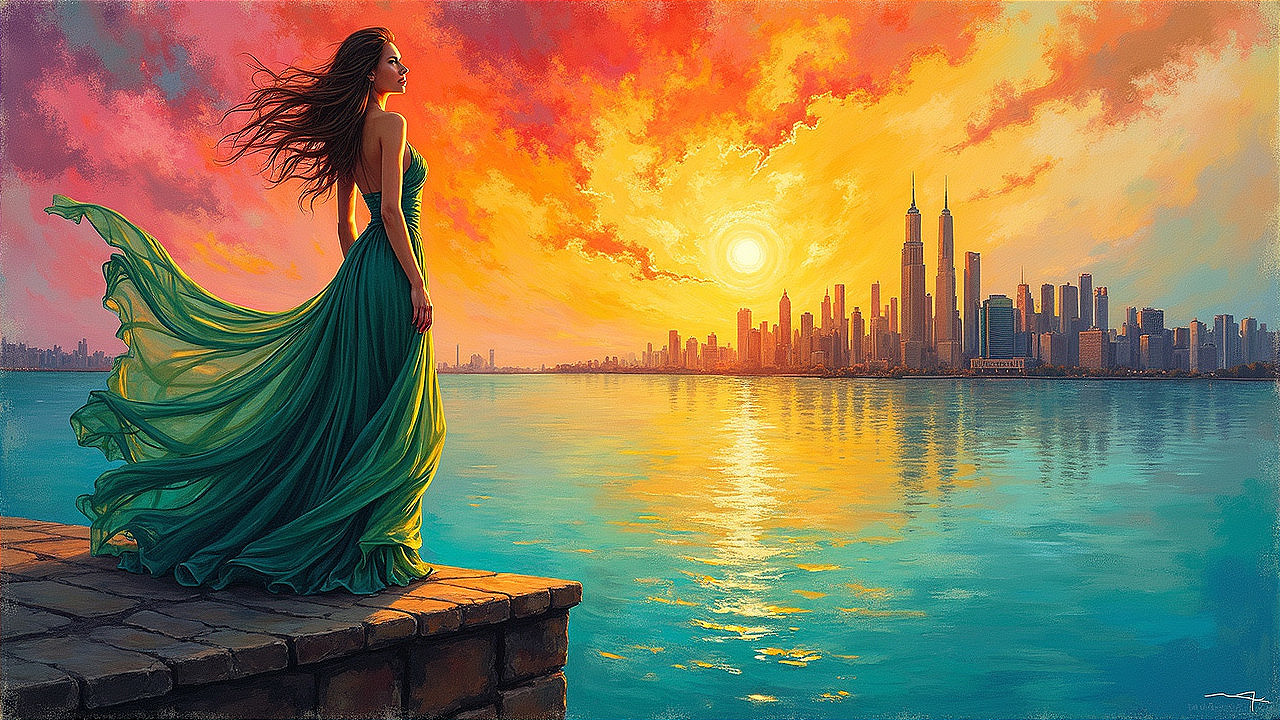 Woman in Green Dress Overlooking Sunset and City Skyline