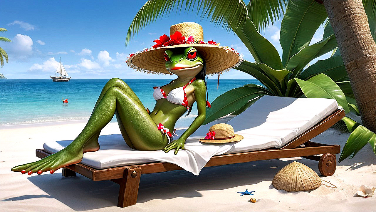 Cartoon Frog Relaxing on Beach Chair with Palm Trees