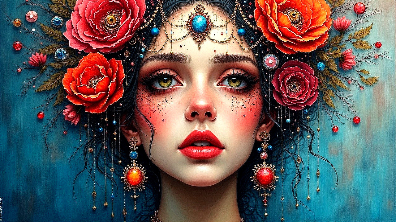 Portrait of a Woman with Floral Crown and Jewelry