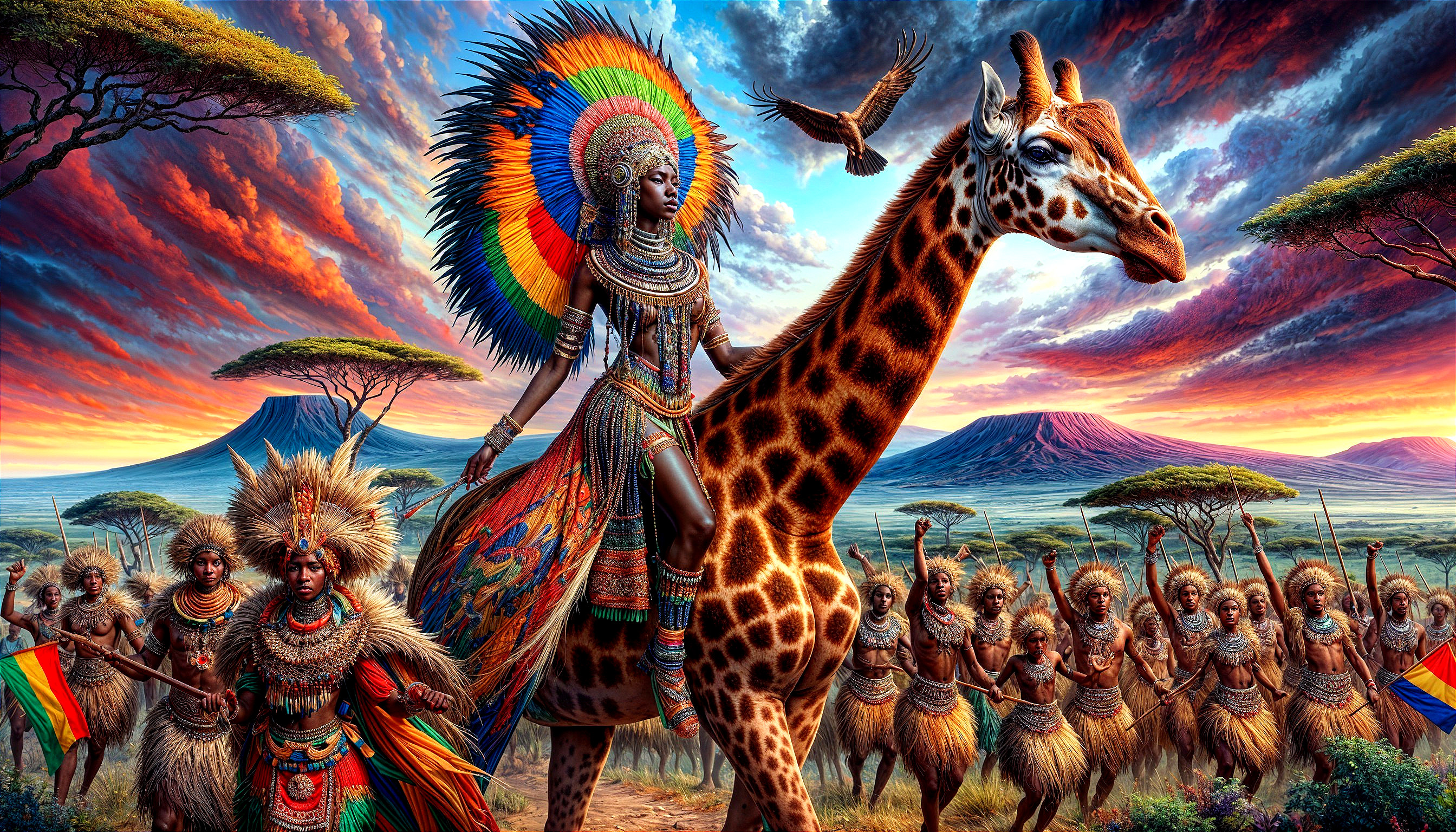 Regal Woman on Giraffe Amidst African Sunset Scene