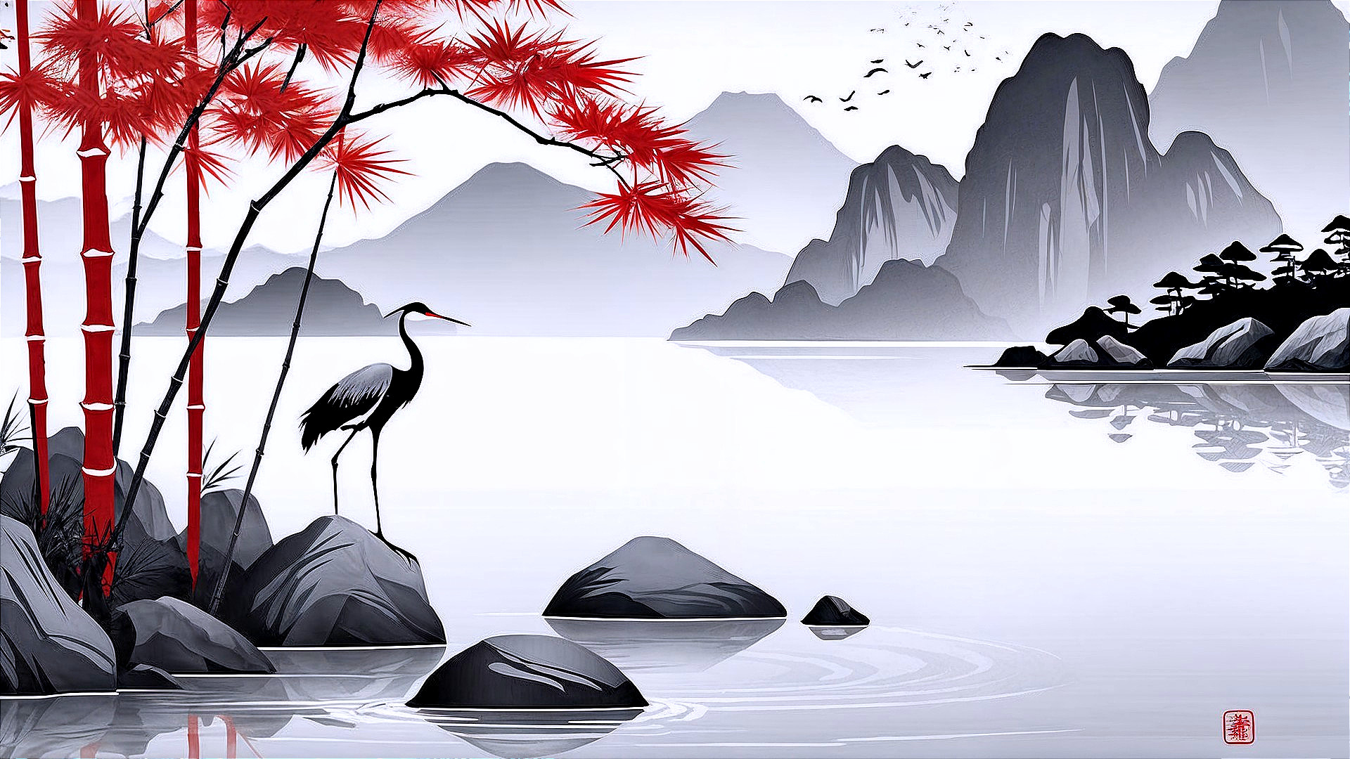 Tranquil Landscape with Mountains, Lake, and Crane