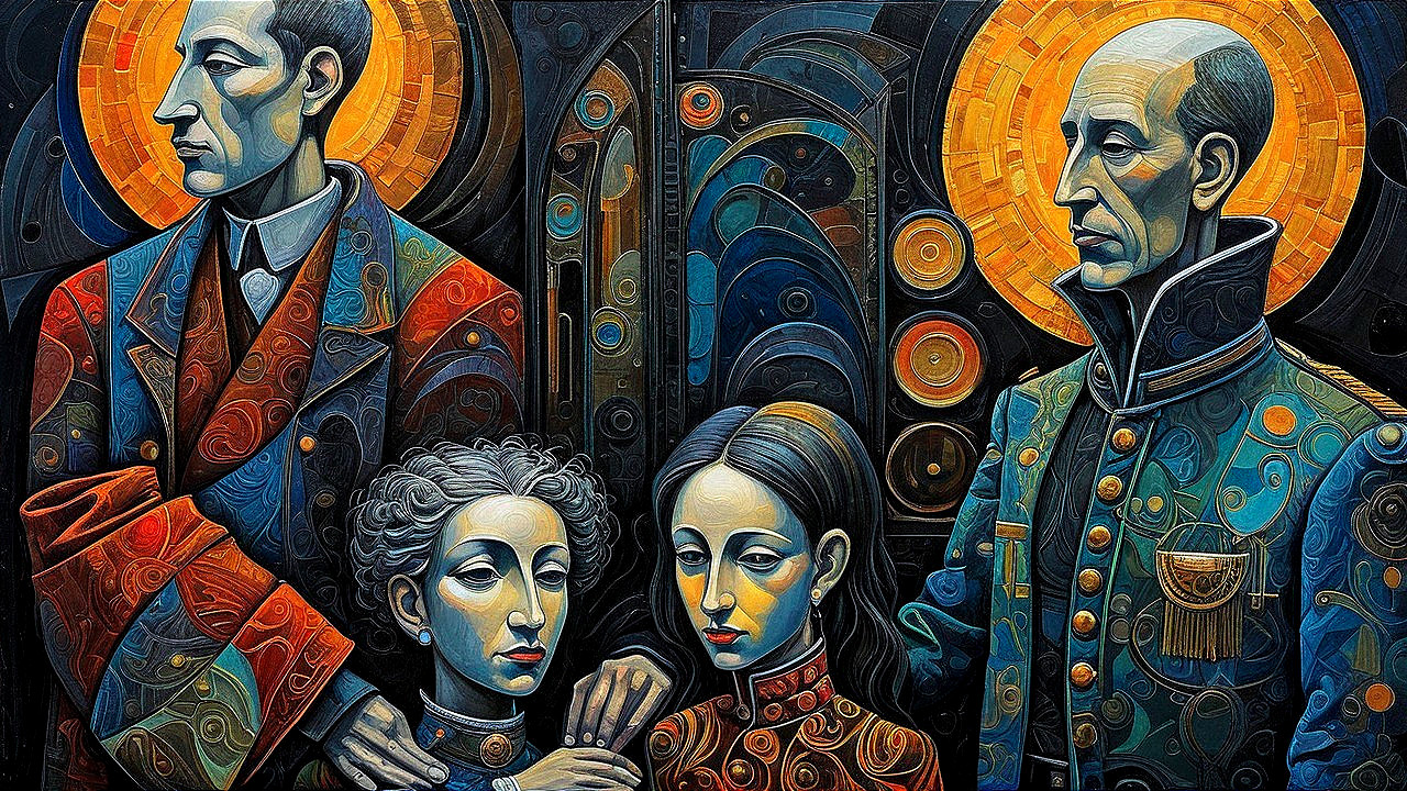 Elegant Figures in Distinct Attire and Expressions