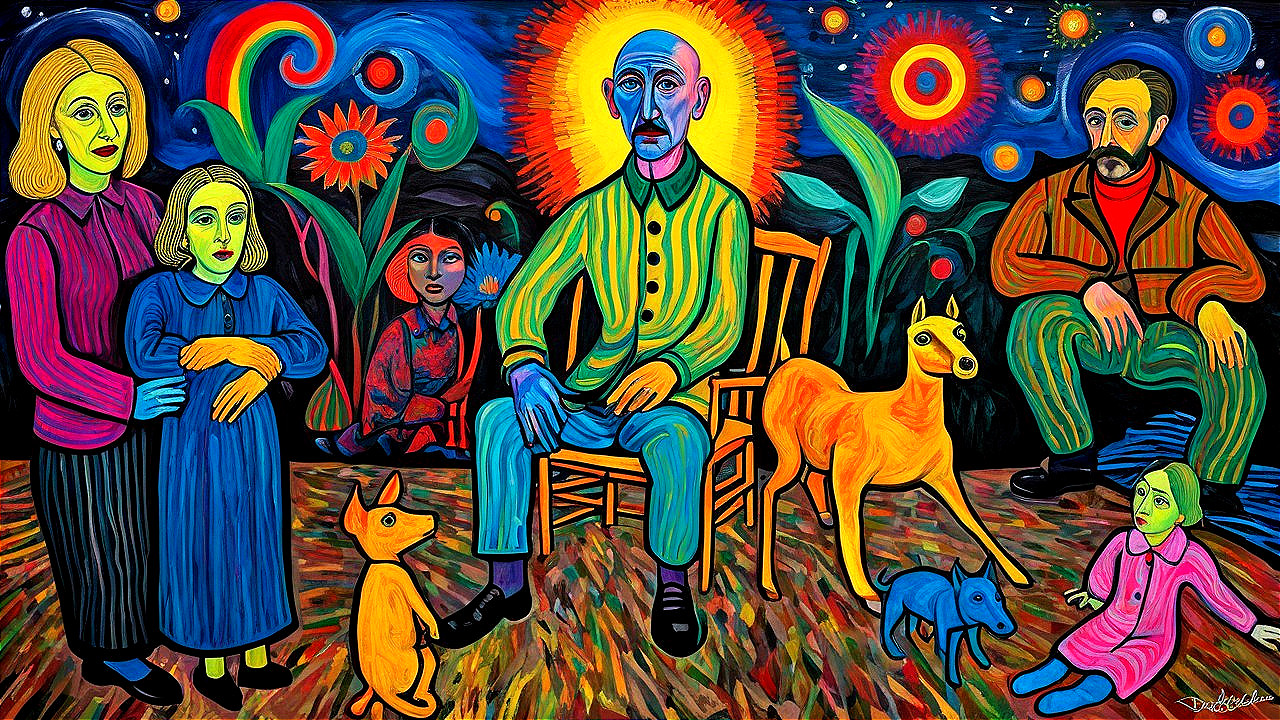 Surreal Artwork with Colorful Figures and Nature Elements
