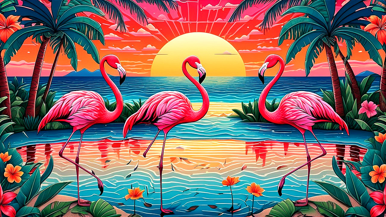 Tropical Scene with Flamingos and Sunset Glow