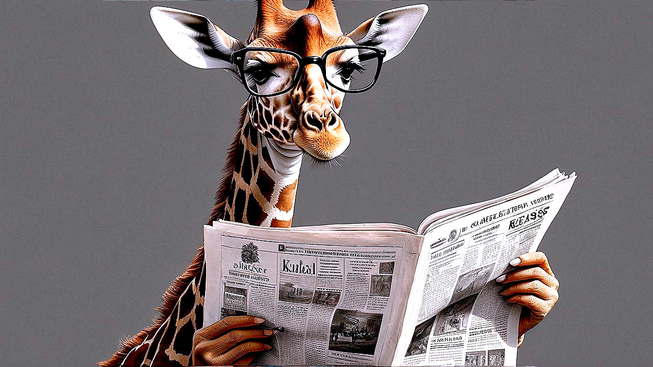 Animated giraffe in glasses reading a newspaper