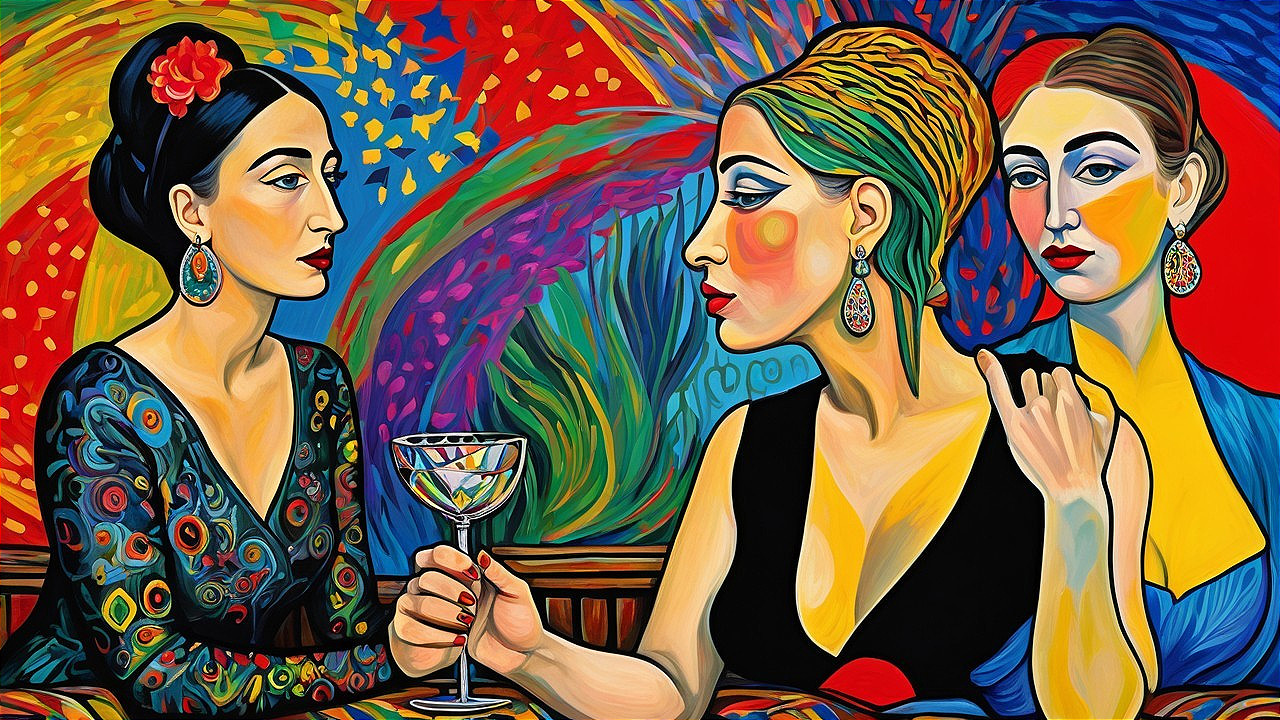 Elegantly Dressed Women in Vibrant Abstract Setting
