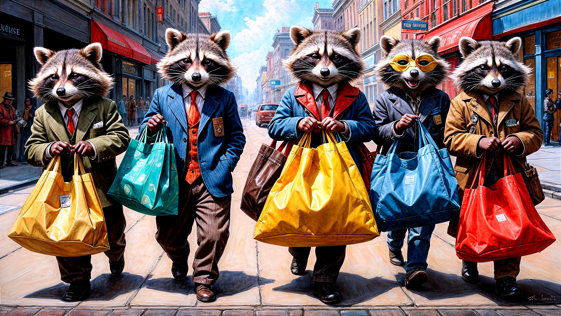 Whimsical Street Scene with Raccoons in Suits