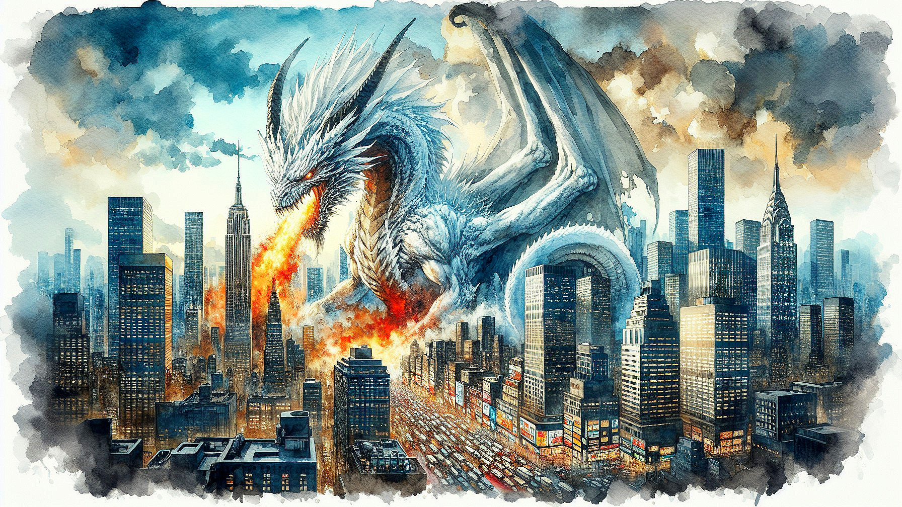 White Dragon Over Cityscape with Flames and Skyscrapers