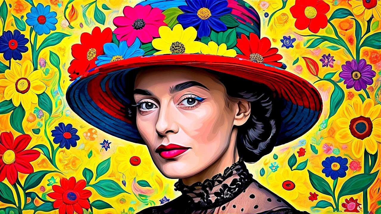 Woman in Vibrant Hat Surrounded by Colorful Blooms