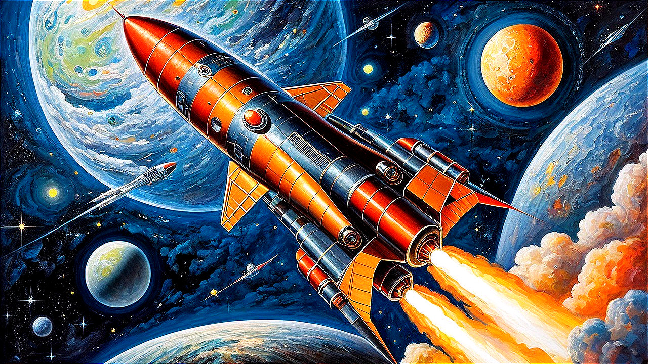 Vibrant Rocket in Colorful Space Scene with Galaxies